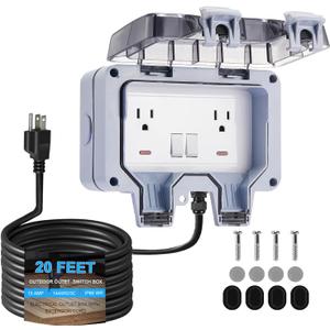 Outdoor Electrical Outlet Box w/ 10ft Extension Cord, NEMA 5-15R Outdoor Power Strip Weatherproof, STW 14 AWG, IP66 Waterproof Wall Power Socket with Cover, 2 Inch Deep, WRTR