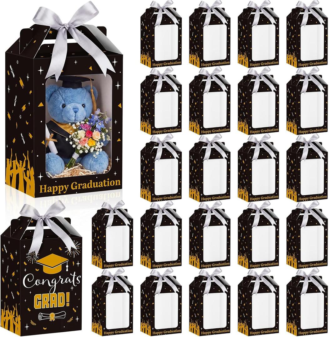 Eaasty 24 Pcs 2026 Graduation Gift Boxes with Window Large Black Graduation Gift Box for Stuffed Bear 9.8 x 7 x 5.1 Inch Class of 2026 Grad Party Favors for High School College Grad Decor, with Ribbon