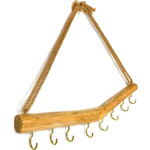 15.7-Inch Rustic Wood Wall Hanging Jewelry Organizer Handmade Natural Wood Logs Branch Decor (Branch with 8 Metal Hooks)