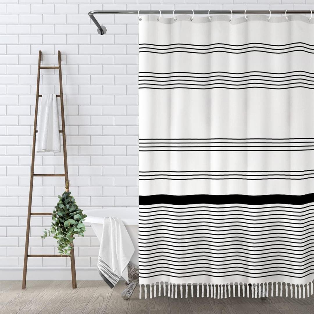 Awellife Black and White Boho Shower Curtain for Bathroom Stripe Tassel Shower Curtain 72 X 72 Inches Farmhouse Cotton