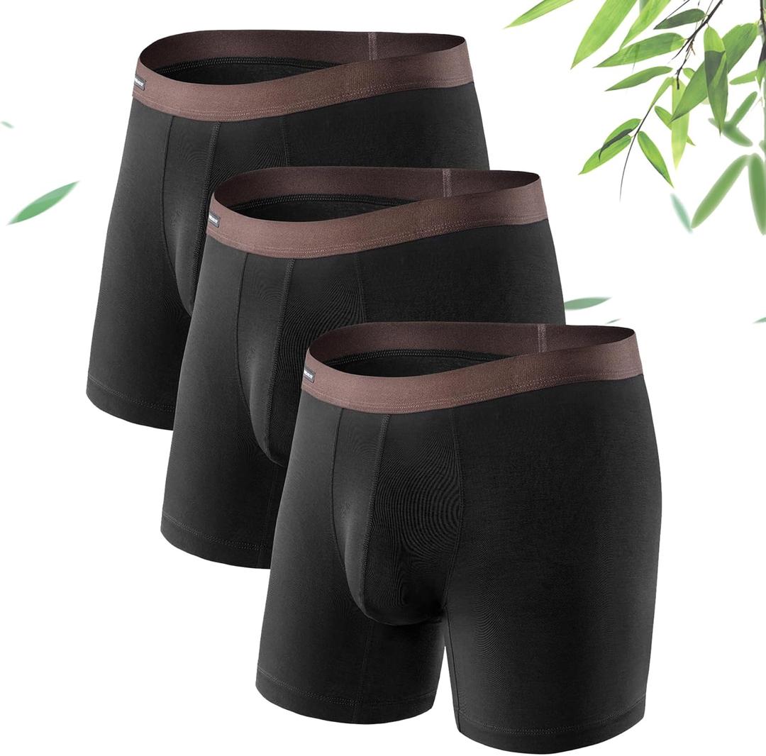 DAVID ARCHY Mens Underwear Wicking-Moisture Cooling Rayon Made From Bamboo Boxer Briefs with Support Pouch Fly 4 or 7 Pack (Large, Black - 6.5" in 3 Pack No Fly)
