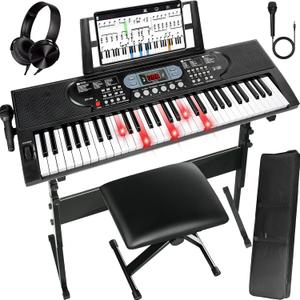 AQNIEGEP 61-Key Electric Keyboard Piano with Lighted Keys, Christmas Gifts, Premium Bundle: Stand, Bench, Mic,Headphones, Music Stand, Stickers, 70 Demos 200 Tones/Rhythms, Beginners/Adults, Compact
