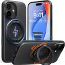 TORRAS 360 Magnetic Stand for iPhone 17 Case, [Rotatable Sturdy Kickstand][Fit for MagSafe][4X Mil Grade Shockproof] Slim Translucent Phone Cover, Camera Button, Obsidian Black, Ostand O3 Fitness