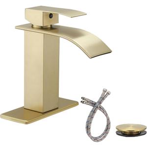 Gold Bathroom Faucet, Waterfall Bathroom Sink Faucet, Single Hole Deck Mounted Single Handle Lavatory Vanity with Pop Up Drain Parts Mixer Tap Basin Modern Bath Brushed Gold