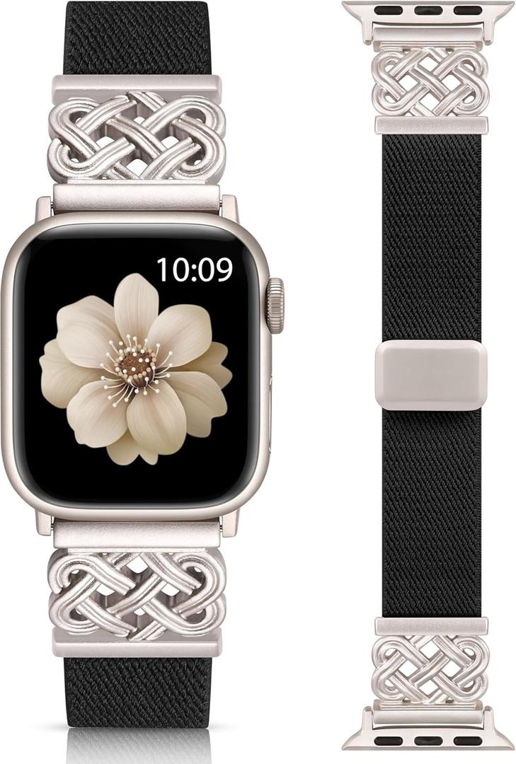 Minyee Magnetic Stretchy Band Compatible with Apple Watch Bands 38/40/41/42/44/45/46/49mm Women Men, Celtic Knot Soft Elastic Nylon Fabric Strap for iWatch Series 11 10 9 8 7 6 5 4 SE/Ultra 3 2 1