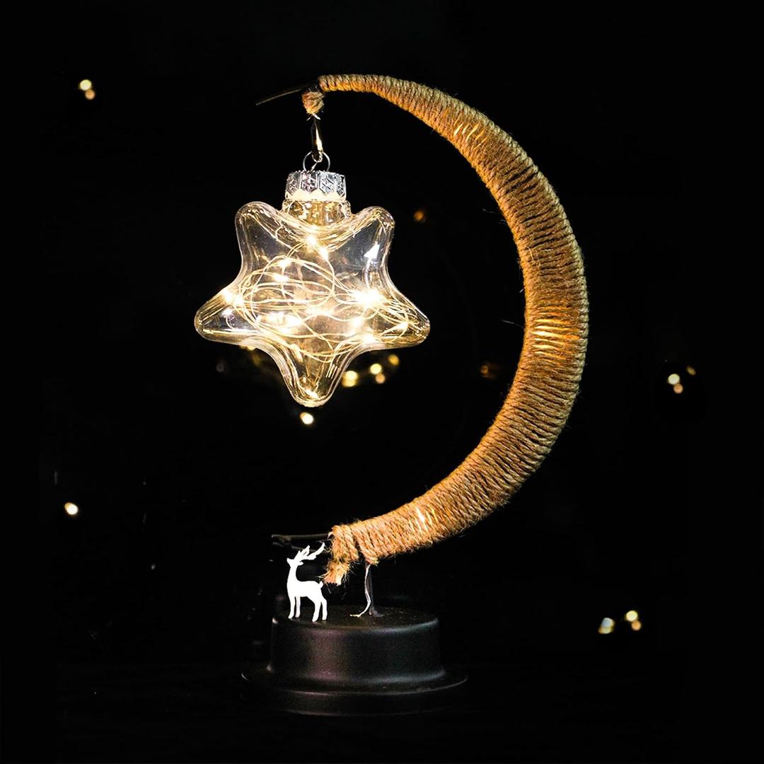 Gold Moon Table Night Light with Hanging Star Ramadan Decorative Lamp Battery Operated for Home Bedroom Shop Dining Holiday Party Eid Festival Decoration