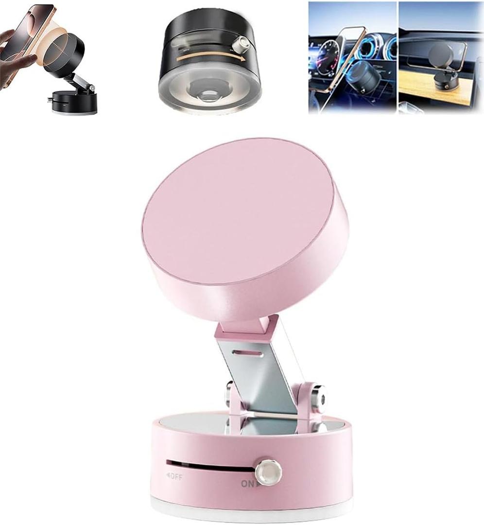 Oudvaker Foldable Magnetic Vacuum Phone Holder, 360 Electric Suction Car Mount, Double-Sided Swivel Stand for Car, Mirror, Gym, Kitchen, Hands-Free Portable Phone Holder (Pink)