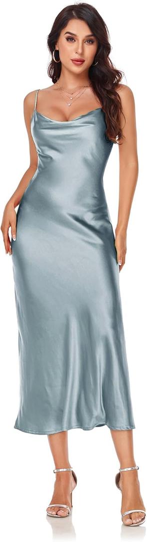 Women's Spaghetti Strap Midi Satin Silk Dresses Slip Cowl Neck Party Cocktail Evening Sexy Dress (Grey Blue) XS