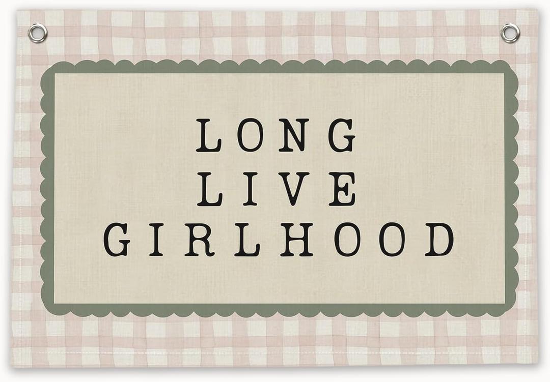 RTXLEZM Girl Nursery Decor, Long Live Girlhood Canvas Banner Wall Hanging, Retro Preppy Pink Plaid Wall Art Prints for Baby Toddler Girls Nursery Bedroom Room Playroom Decor,20x30 Inch