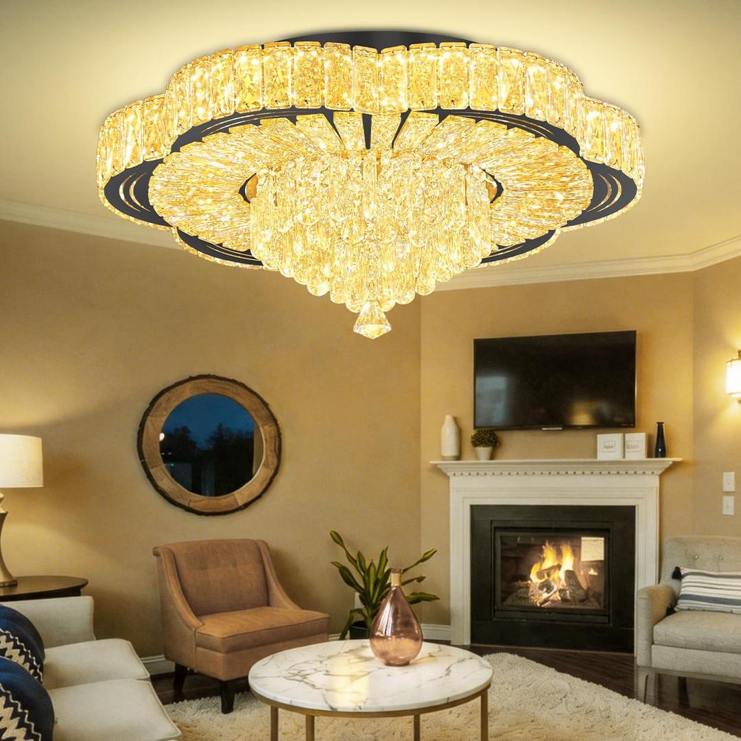 Modern Crystal Chandelier for Living Room Black 24in Crystal Raindrop Ceiling Light for Room Bedroom LED Dimmable 2700-6000K