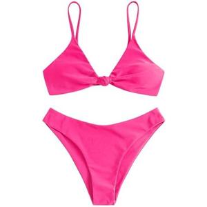 ZAFUL Women's Tie Knot Front Spaghetti Strap High Cut Bikini Set Swimsuit Medium