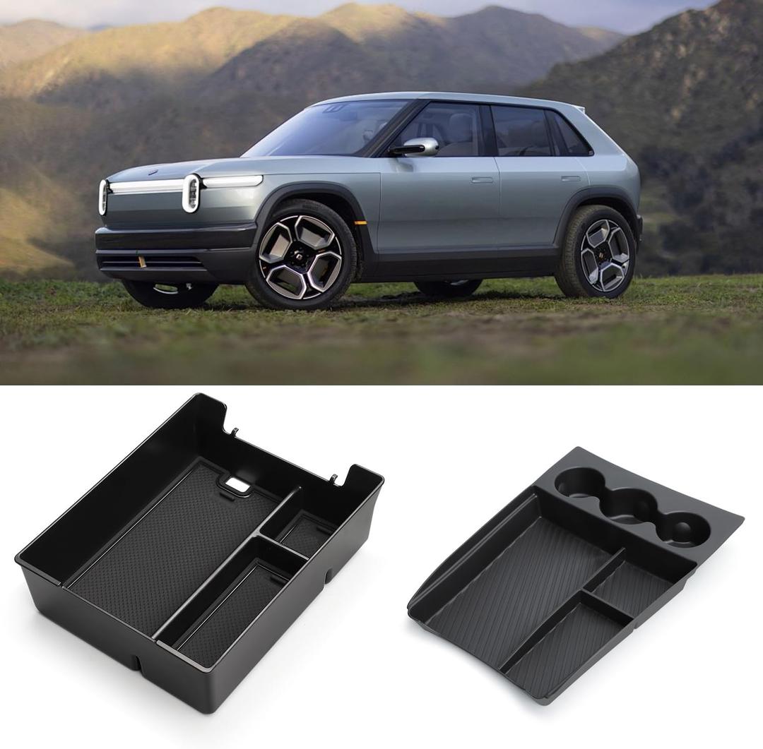 Tressiche Lower Center Console Organizer Tray with Drink Cup Holder and Armrest Storage Box for Rivian R1T/R1S 2024 2023 2022 Console Storage Box Interior Accessories-2 Pack