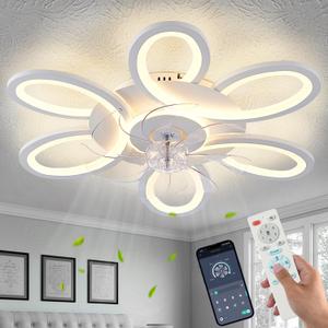Ceiling Fans with Lights and Remote, 25 Inch Modern Low Profile Flush Mount Ceiling Fan, Dimmable LED Ceiling Light Fixture, Small Ceiling Fans for Bedroom, Kitchen, Indoor-White