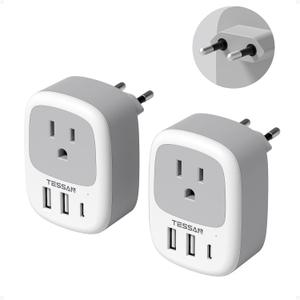 2 Pack European Travel Plug Adapter, TESSAN US to Europe Plug Adapter with 3 USB Ports (1 USB C), Type C Power Outlet for EU International Italy Iceland Spain France Germany