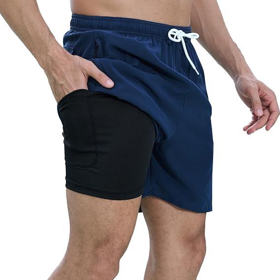 Srnede Mens Swim Trunks Swim Shorts Board Shorts Quick Dry Swimwear Bathing Suits with Compression Line Navy Blue, XXL