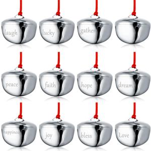 Sratte 24 Pack 1.5 Inch Christmas Bells Ornament Xmas Believe Jingle Decoration Santa Sleigh Bell Christmas Printed Decor with Red Ribbon for Xmas Tree Home Decoration(Silver)