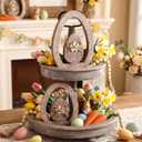 RattanView 2 Pcs Easter Wood Egg Decorations 5.91 Inch Rustic Retro Wooden Standing Decor with Egg Hollow Tabletop Figurine for Spring Home Gifts Tiered Tray Farmhouse Party Fireplace Shelf