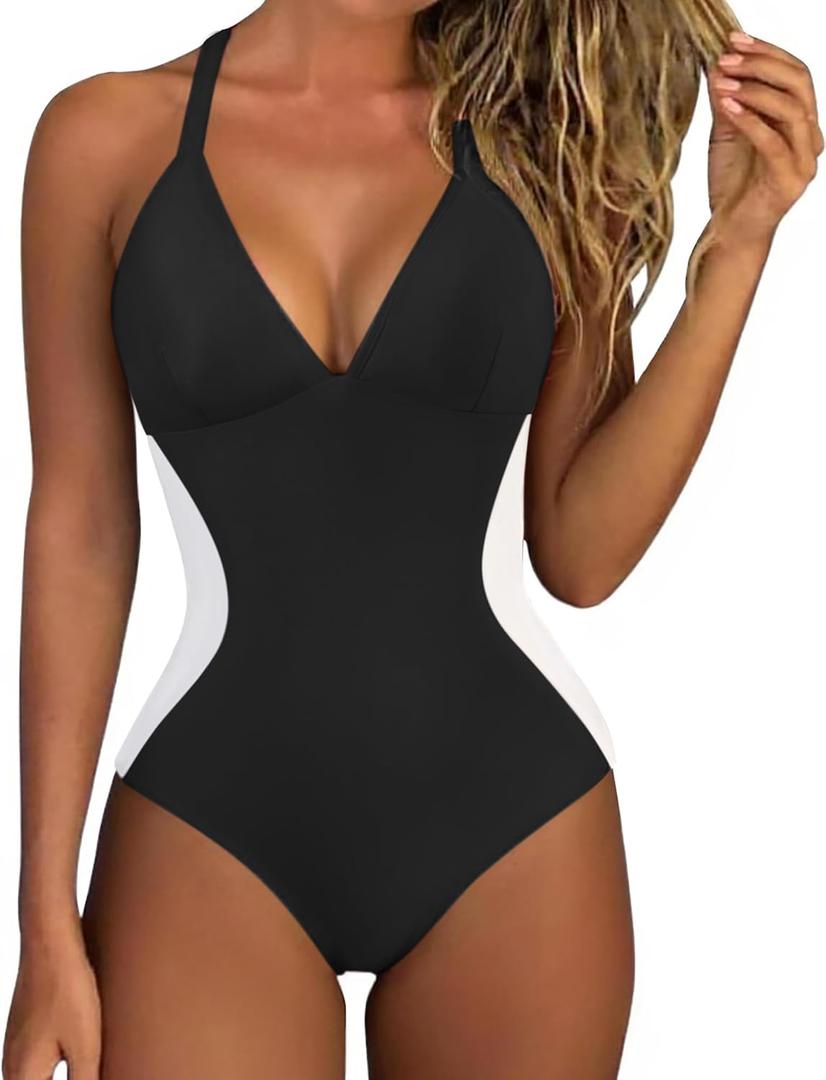 SUUKSESS Women Slimming Tummy Control One Piece Swimsuit Sexy V Neck Push Up Bathing Suit Crisscross Back Swimwear (Black White, XL)
