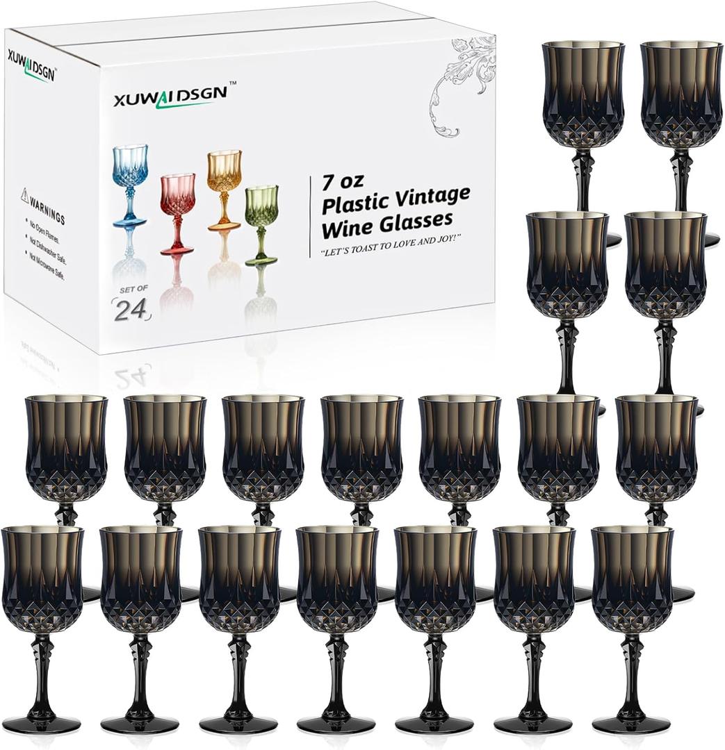 XUWAIDSGN 7oz Plastic Vintage Wine Glasses Drinking Glasses Unbreakable Wedding Glassware Crystal Water Goblets Reusable Drinkware Vintage Champagne Flutes (24, Black)