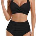 Bikini Swim Suits for Womens Sexy Cross Knotting V-Neck with High Waisted Ruched Tummy Control Bathing Swimsuits 2026 (Medium, C01-black)