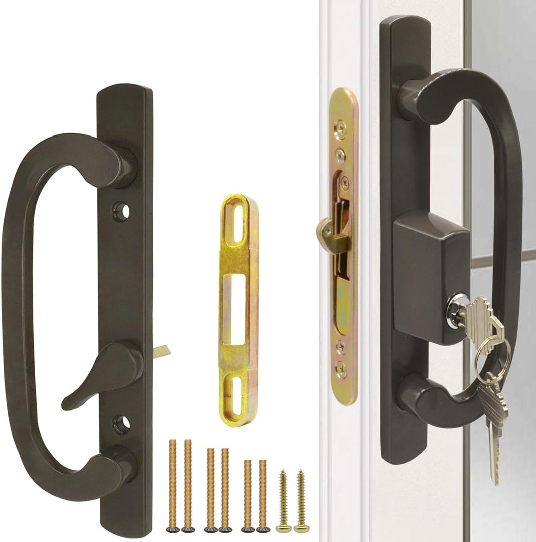 Patio Sliding Glass Door Handle Set with Mortise Lock 45 Keyway, Keyed Offset Position Zinc Diecast I/E Pull Handles, Fits 3-15/16" H.C., 1-3/8" to 2-1/4" Thick Doors, Non-Handed, Black