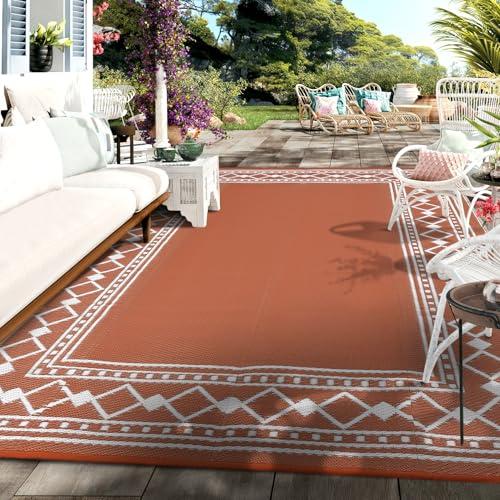 Waterproof Outdoor Rug 9x12 Ft, Reversible Plastic Straw Rug, Easy to Clean Modern Bordered Patio Rug, Portable Carpet for Patio, RV, Deck, Balcony, Backyard, Picnic, Beach, Clover,Terracotta