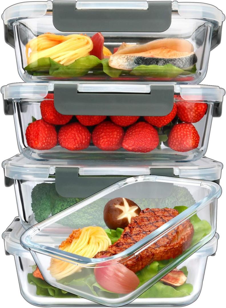 M MCIRCO [5-Packs, 36 Oz Glass Meal Prep Containers with Snap Locking Lids Glass Food Containers,Airtight Lunch Container,Microwave, Oven, Freezer and Dishwasher (4.5 Cup) (Gray)