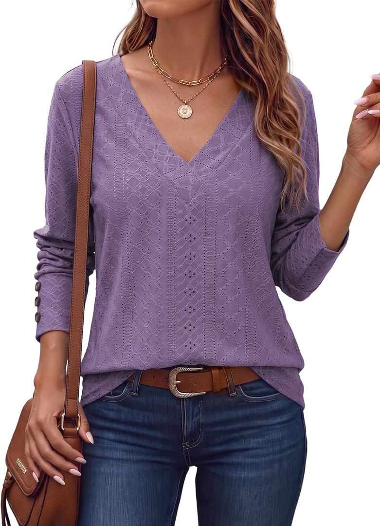 Dokotoo Womens Fall V Neck Long Sleeve Eyelet Embroidered Blouse (L)