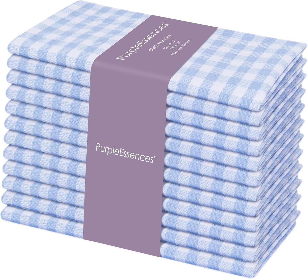 PurpleEssences Mini Gingham Check Dinner Cloth Napkin - Spring Easter Summer - Mitered Corners - 18x18 Inch - Set of 12-100% Cotton - Reusable Washable - Sky Blue and White