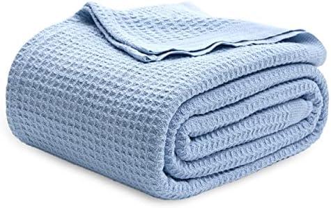 Bedsure 100% Cotton Blanket Queen Size for Bed - Breathable and Soft, Waffle Weave Blanket for Summer Spring, Sky Blue, 90x90 Inches