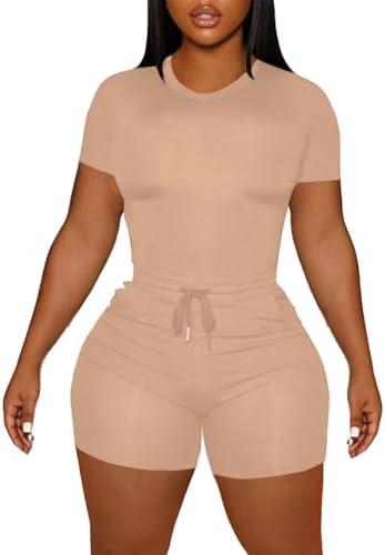 LovelyWholesale Women's Summer 2 Piece Outfits Skinny Shorts Tracksuit Sets L