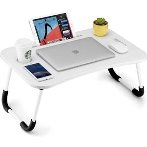 Foldable Laptop Table, Portable Lap Desk Bed Table Tray, Laptop Stand with Cup Holder & Tablet Slot & Lifting Handle for Working Writing Drawing & Eating (White)