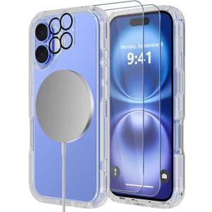 Diverbox for iPhone 16 Plus Case [Compatible with MagSafe][Shockproof] [Dropproof][Tempered Glass Screen Protector + Camera Protectors] Heavy Duty Protection Cover for iPhone 16 Plus (Magnetic Clear)