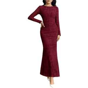 MITILLY Fall Formal Dress for Women 2025 Long Sleeve Bodycon Ruched Floral Maxi Dresses for Party Club Night, Medium Wine Red