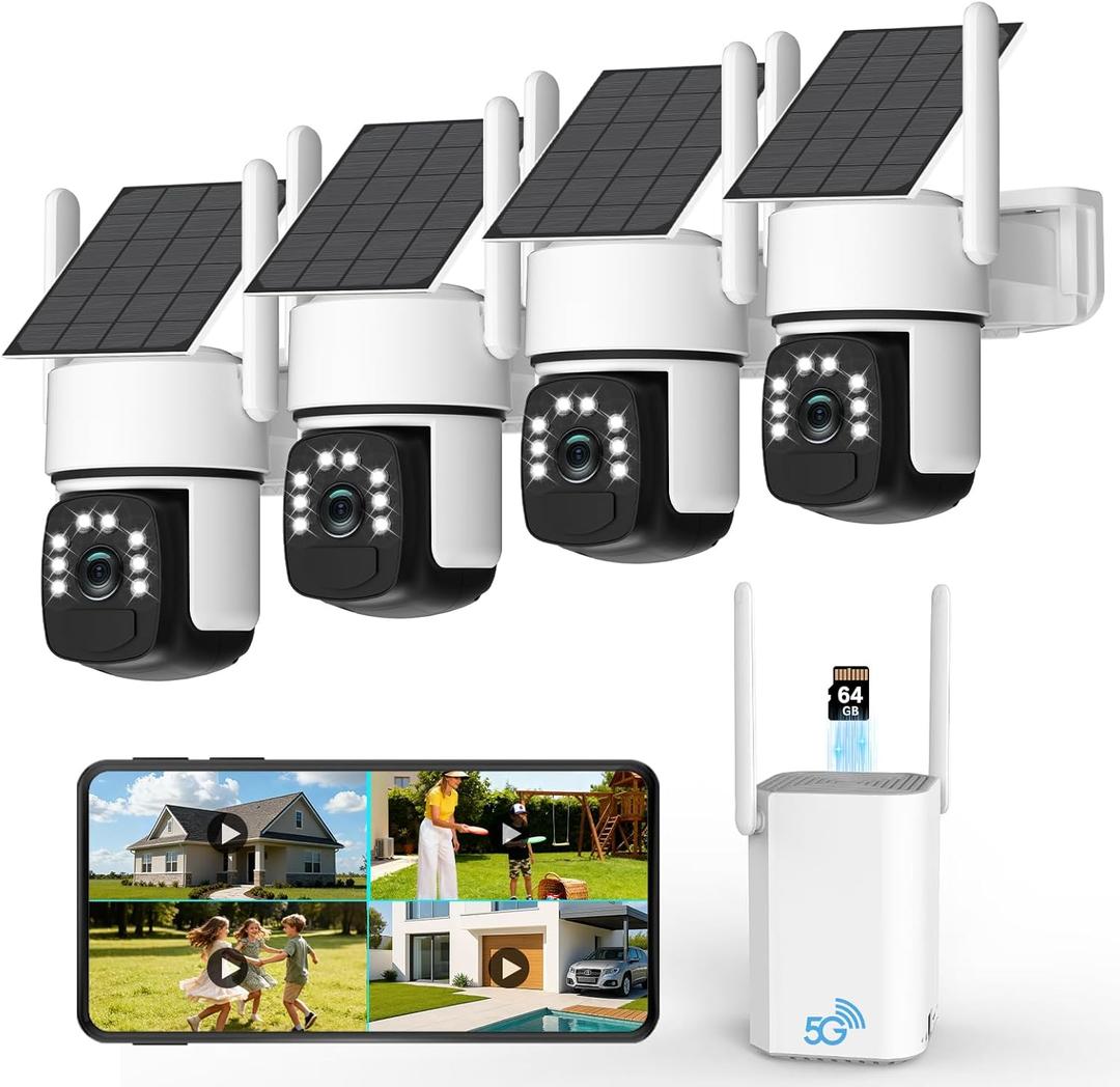 Solar Security Cameras Wireless Outdoor,4 Cam-Kit,Solar-Powered,No Subscription,Home Security Cameras System with 4MP Color Night Vision,Auto Tracking,Spotlight & Siren,64GB Memory Card,2.4 & 5G WiFi