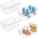 SPACEKEEPER Clear Storage Organizer Bins 4 Pack Plastic Pantry Organization and Storage Baskets with Removable Dividers, Stackable Cabinet Containers for Kitchen, Fridge, Countertops