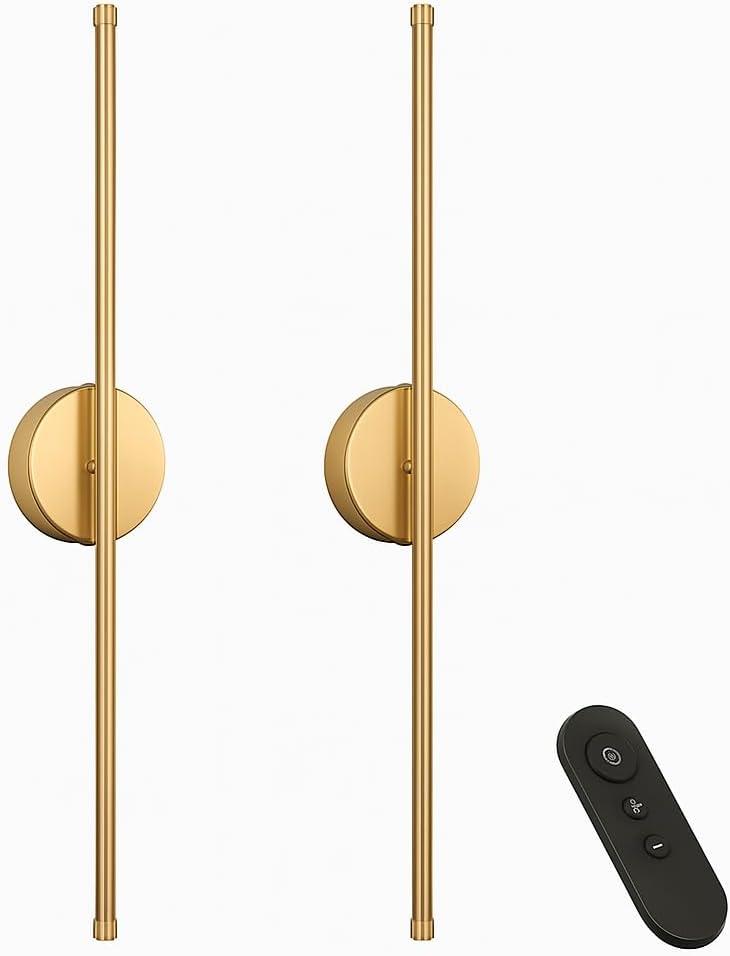 Battery Operated Wall Sconces Set of 2, Wireless Rechargeable with Remote, Cordless Dimmable Wall Lights, Peel & Stick, 360 Rotatable LED for Bedroom, Bathroom, Living Room & Hallway 28.3" (Gold)