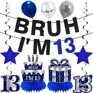 11Pcs 13th Birthday Decorations for Boys Men, Blue Sliver Happy 13th Birthday Banner, Bruh I'm 13 Balloons Centerpieces Swirls Party Supplies, Thirteen Bday Banner Ceiling Table Topper Sign