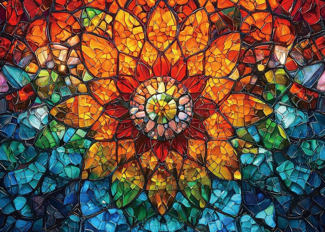 Colorful Flower of Life Stained Glass Puzzles for Adults 1000 Pieces Impossible Art Jigsaw Puzzles Difficult Hard Blooming Challenging Puzzle as Home Decor