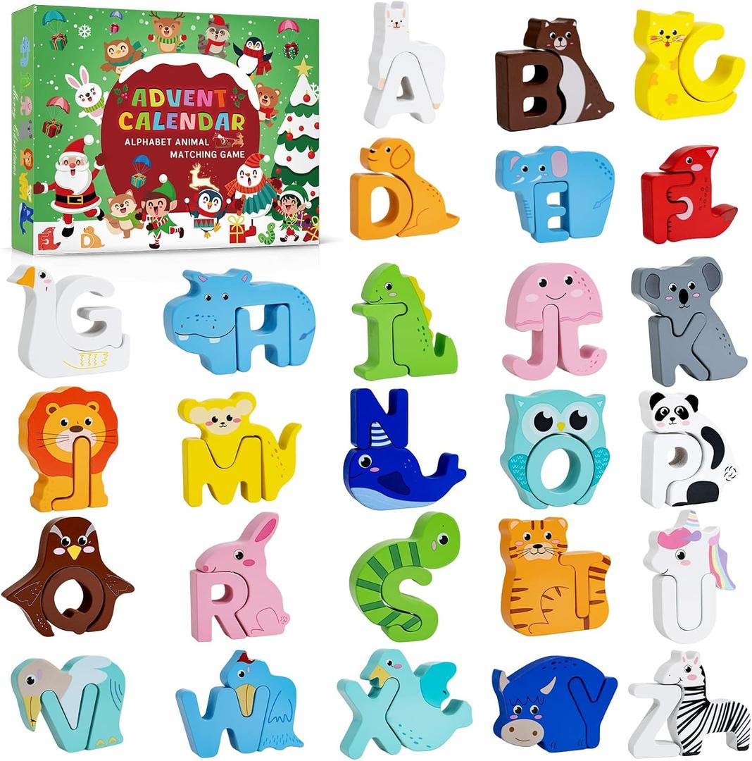 Advent Calendar 2025 Animal Alphabet Matching Toy for Kids,26 Pcs Christmas Advent Calendar ABC Matching Educational Toy, Wooden Alphabet Animal Puzzles for Boys,Girls,Toddlers,and Kids