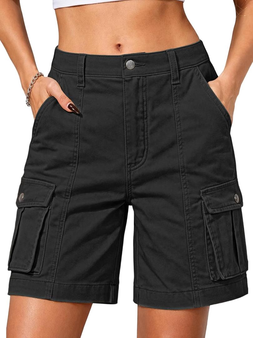 ELLEVEN Bermuda Cargo Shorts Women, Elastic High Waist 6 Pockets Shorts 7 Inch Inseam Summer Jorts for Women Casual (Black, L)