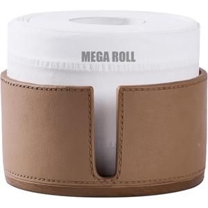 Brown Leather and Wood Textures Toilet Paper Holder Stand for Bathroom Countertop or Floating Shelves, Toilet Top Decorative Roll Organizer Mega Roll 5.5 Inches or Less, Free Standing Mega Roll Storage