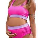 Maternity Two Piece Swimsuit High Waisted Strappy Bikini Set Bathing Suit (Small, Rose Red With Purple)
