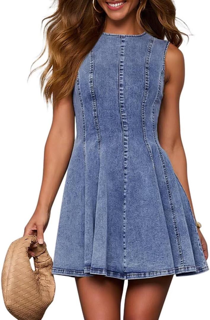 KDF Denim Dress for Women Sleeveless Babydoll Tank Jean Dress Slim Fit A-Line Summer Dresses for Women 2026 (Medium Blue)