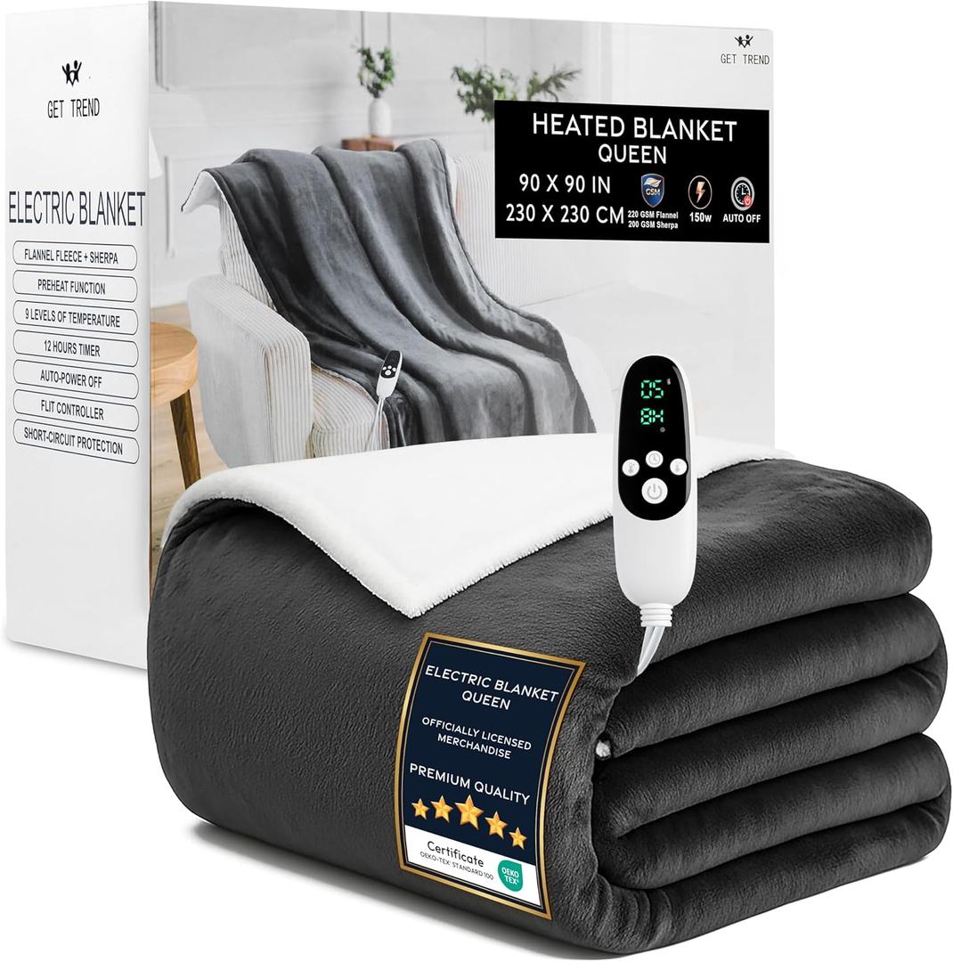Get Trend Heated Blanket Electric Luxurious Fleece Queen Blanket, 9 Heat Settings & 12H Auto Shut-Off, Gifts for Grandma, Grandpa, Seniors, 90x90 in (Dark Grey, Queen US)