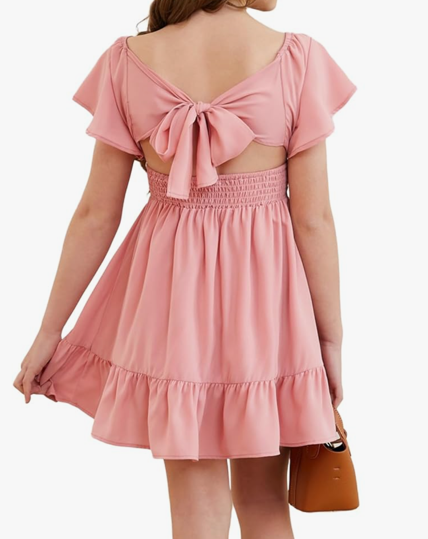 blibean Girls Summer Tie Back Dress Tween Kids Off Shoulder Dresses Size 13-14 Years Old, XL , A Pink 