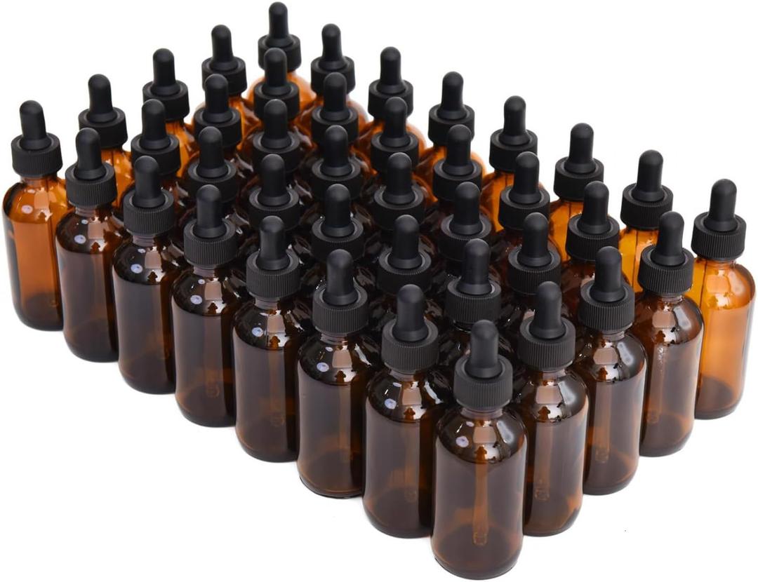 June Fox 2oz Glass Dropper Bottle, 40 Pack Amber Glass Bottles with Glass Droppers and Black cap for Essential Oils, Lab Chemicals, Perfumes