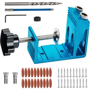 Pocket Hole Jig Kit with Drill Guide Joint Pocket Hole Jig 15 Degree Woodworking Inclined Hole Adjustable DIY Woodworking Tools Carpentry Locator (Blue)