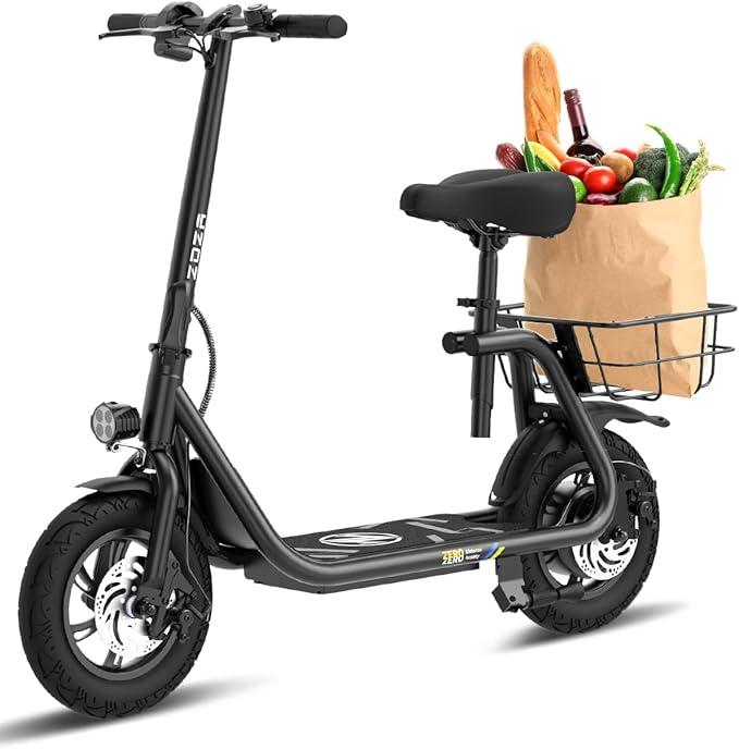 Electric Scooter with Seat ZD06, 800W Peak Motor, 20 Mile Range & 15.5 Mph, Key Start, Foldable EScooter with Carry Basket for Pets & Cargo, ElectricallyPowered Motor Scooters