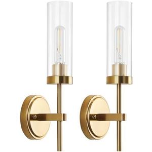WILON Wall Sconces 2 pcs, Vanity Lights for Bathroom Sconces Wall Lighting with Clear Glass Shades, Vintage Antique Brass Wall Lamp for Mirror Bedroom Living Room Bedside Hallway, Brass Gold